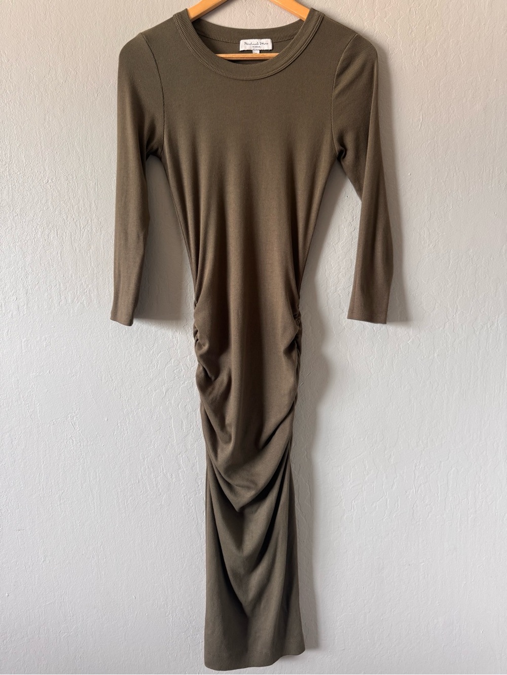 Michael Stars Ultra Rib Olive Green 3/4 Sleeve Ruched Midi Dress with Side Slit